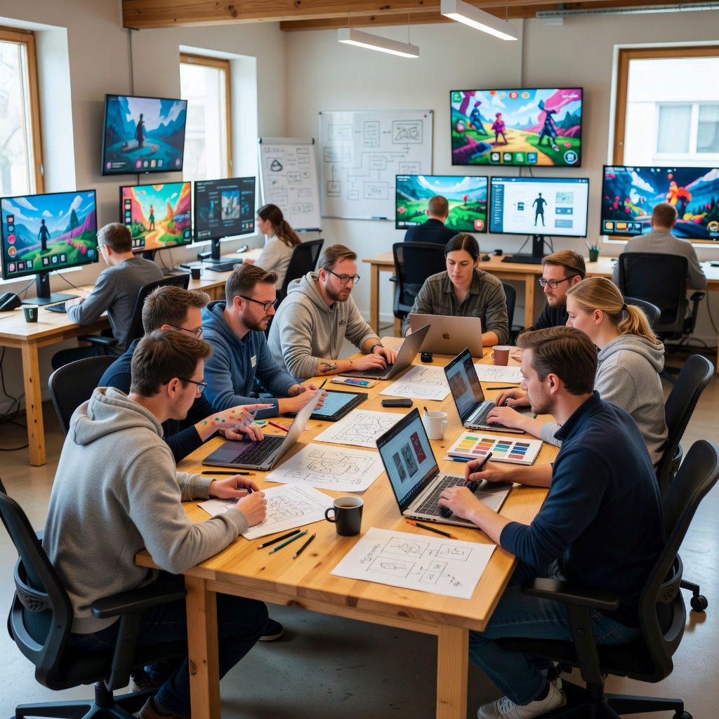 Developers and artists of Kelo Entertainment Oy collaborating on game design