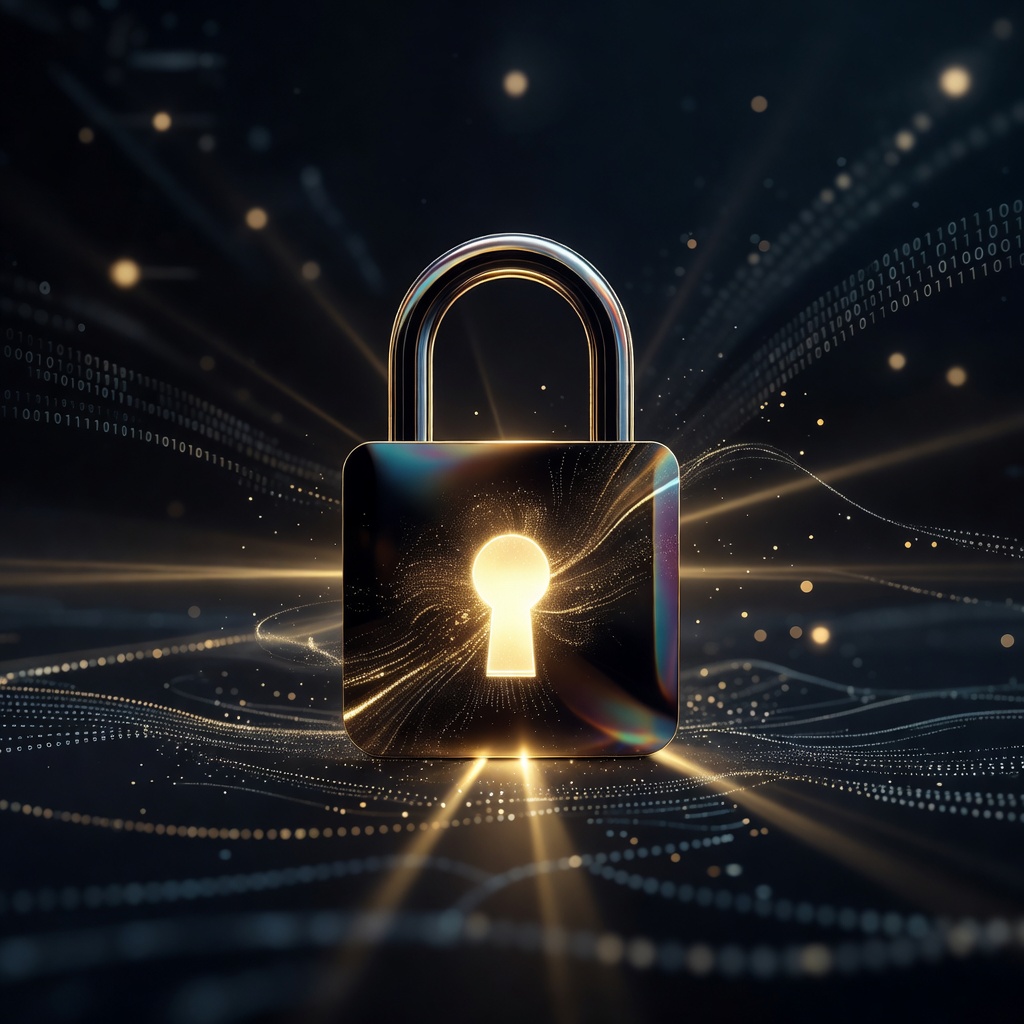 A digital padlock glowing in gold to represent data privacy and security