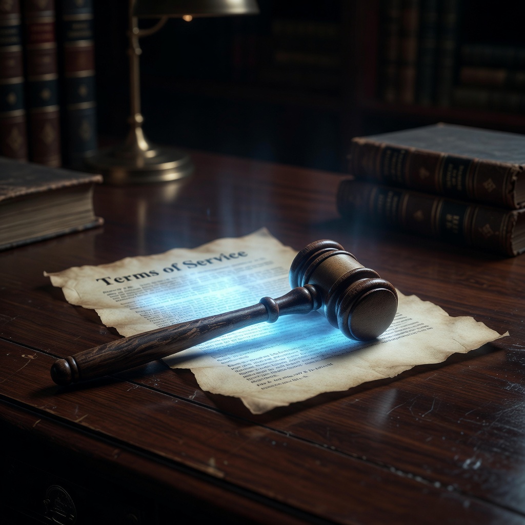 A glowing legal document with a gavel representing Terms of Service