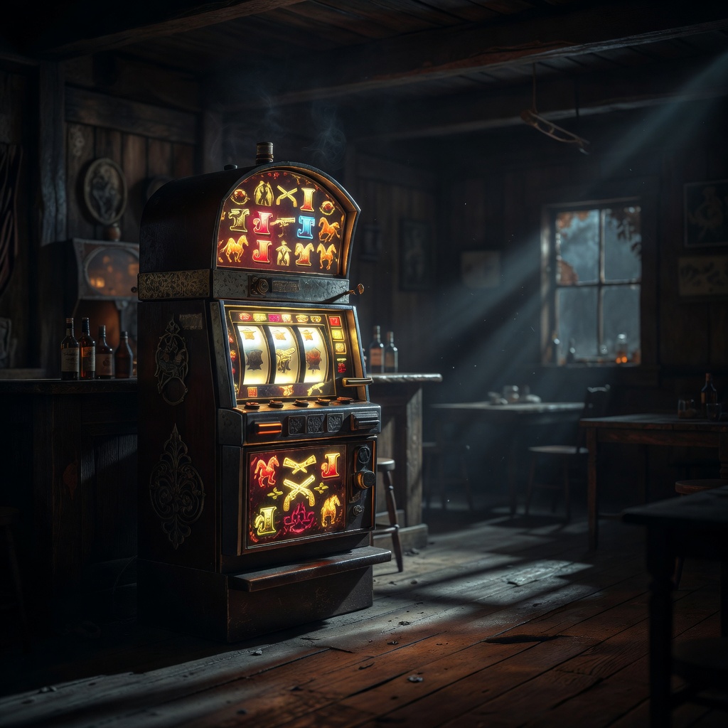 Cinematic view of a Wild West slot machine glowing in a dark saloon